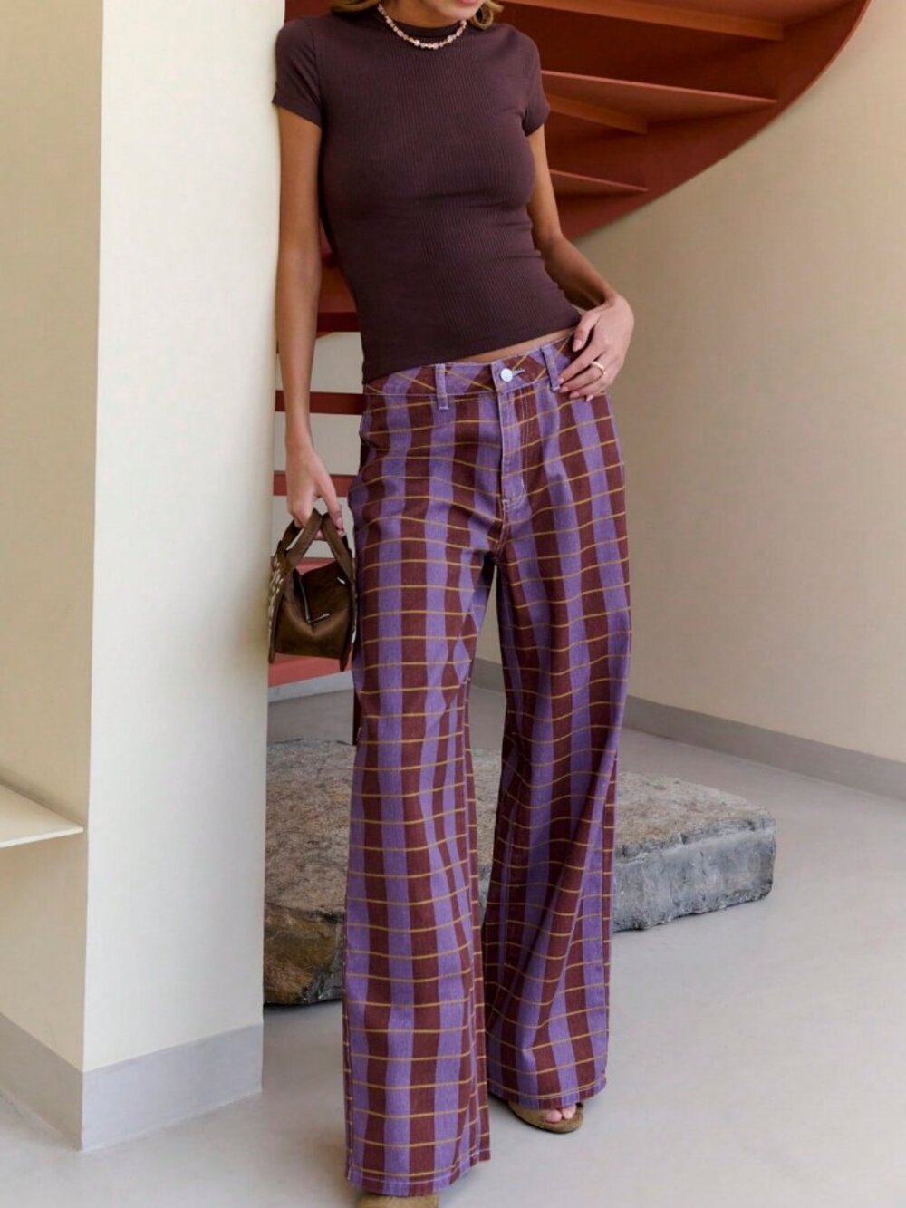 Purple Casual Women's Plaid Wide Leg Pants